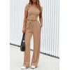 imagePRETTYGARDEN Womens 2 Piece Outfits Summer 2025 Ribbed Knit Button Short Sleeve Tops Casual Wide Leg Pants Lounge SetsKhaki