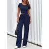 imagePRETTYGARDEN Womens 2 Piece Outfits Summer 2025 Ribbed Knit Button Short Sleeve Tops Casual Wide Leg Pants Lounge SetsNavy
