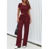 imagePRETTYGARDEN Womens 2 Piece Outfits Summer 2025 Ribbed Knit Button Short Sleeve Tops Casual Wide Leg Pants Lounge SetsWine Red