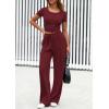 imagePRETTYGARDEN Womens 2 Piece Outfits Summer 2025 Ribbed Knit Button Short Sleeve Tops Casual Wide Leg Pants Lounge SetsWine Red
