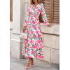 imagePRETTYGARDEN Womens 2025 Fall Boho Maxi Dresses Floral Long Sleeve V Neck Flowy Elegant Wedding Guest Dress Vacation OutfitsFloral Green Pink