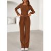 imagePRETTYGARDEN Womens 2025 Fall Trendy 2 Piece Outfits Lounge Sets Long Sleeve Top Henley Shirts Wide Leg Pants Travel ClothesBrown
