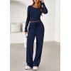 imagePRETTYGARDEN Womens 2025 Fall Trendy 2 Piece Outfits Lounge Sets Long Sleeve Top Henley Shirts Wide Leg Pants Travel ClothesNavy Blue