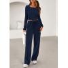 imagePRETTYGARDEN Womens 2025 Fall Trendy 2 Piece Outfits Lounge Sets Long Sleeve Top Henley Shirts Wide Leg Pants Travel ClothesNavy Blue