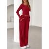 imagePRETTYGARDEN Womens 2025 Fall Trendy 2 Piece Outfits Lounge Sets Long Sleeve Top Henley Shirts Wide Leg Pants Travel ClothesRed