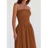 imagePRETTYGARDEN Womens 2025 Summer Strapless Tube Midi Dress Smocked A Line Bubble Long Flowy Casual Elegant Party DressesBrown