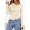 imagePRETTYGARDEN Womens Long Sleeve Cowl Neck Ribbed Knit Fall Shirts Slim Fit Ruched Going Out Crop Tops Basic TShirtsBeige