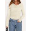 imagePRETTYGARDEN Womens Long Sleeve Cowl Neck Ribbed Knit Fall Shirts Slim Fit Ruched Going Out Crop Tops Basic TShirtsBeige