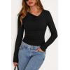 imagePRETTYGARDEN Womens Long Sleeve Cowl Neck Ribbed Knit Fall Shirts Slim Fit Ruched Going Out Crop Tops Basic TShirtsBlack