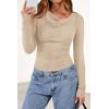 imagePRETTYGARDEN Womens Long Sleeve Cowl Neck Ribbed Knit Fall Shirts Slim Fit Ruched Going Out Crop Tops Basic TShirtsKhaki