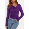 imagePRETTYGARDEN Womens Long Sleeve Cowl Neck Ribbed Knit Fall Shirts Slim Fit Ruched Going Out Crop Tops Basic TShirtsPurple