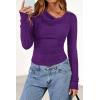 imagePRETTYGARDEN Womens Long Sleeve Cowl Neck Ribbed Knit Fall Shirts Slim Fit Ruched Going Out Crop Tops Basic TShirtsPurple