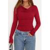 imagePRETTYGARDEN Womens Long Sleeve Cowl Neck Ribbed Knit Fall Shirts Slim Fit Ruched Going Out Crop Tops Basic TShirtsRed
