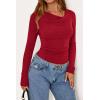 imagePRETTYGARDEN Womens Long Sleeve Cowl Neck Ribbed Knit Fall Shirts Slim Fit Ruched Going Out Crop Tops Basic TShirtsRed