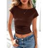 imagePRETTYGARDEN Womens Ruched Crop Tank Tops 2025 Summer Trendy Cap Sleeve Ribbed Knit Basic Fitted Going Out Tee ShirtsCoffee