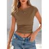 imagePRETTYGARDEN Womens Ruched Crop Tank Tops 2025 Summer Trendy Cap Sleeve Ribbed Knit Basic Fitted Going Out Tee ShirtsLight Khaki