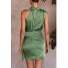 imagePRETTYGARDEN Womens Short Formal Satin Dress Summer Sleeveless Mock Neck Tie Waist Cocktail Party DressesArmy Green