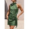 imagePRETTYGARDEN Womens Short Formal Satin Dress Summer Sleeveless Mock Neck Tie Waist Cocktail Party DressesArmy Green