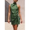 imagePRETTYGARDEN Womens Short Formal Satin Dress Summer Sleeveless Mock Neck Tie Waist Cocktail Party DressesArmy Green