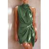 imagePRETTYGARDEN Womens Short Formal Satin Dress Summer Sleeveless Mock Neck Tie Waist Cocktail Party DressesArmy Green