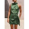 imagePRETTYGARDEN Womens Short Formal Satin Dress Summer Sleeveless Mock Neck Tie Waist Cocktail Party DressesArmy Green