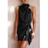 imagePRETTYGARDEN Womens Short Formal Satin Dress Summer Sleeveless Mock Neck Tie Waist Cocktail Party DressesBlack
