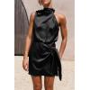 imagePRETTYGARDEN Womens Short Formal Satin Dress Summer Sleeveless Mock Neck Tie Waist Cocktail Party DressesBlack