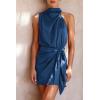 imagePRETTYGARDEN Womens Short Formal Satin Dress Summer Sleeveless Mock Neck Tie Waist Cocktail Party DressesDark Blue