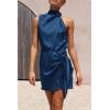 imagePRETTYGARDEN Womens Short Formal Satin Dress Summer Sleeveless Mock Neck Tie Waist Cocktail Party DressesDark Blue
