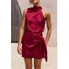 imagePRETTYGARDEN Womens Short Formal Satin Dress Summer Sleeveless Mock Neck Tie Waist Cocktail Party DressesDeep Red