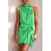 imagePRETTYGARDEN Womens Short Formal Satin Dress Summer Sleeveless Mock Neck Tie Waist Cocktail Party DressesGrass Green