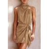 imagePRETTYGARDEN Womens Short Formal Satin Dress Summer Sleeveless Mock Neck Tie Waist Cocktail Party DressesLight Khaki