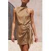 imagePRETTYGARDEN Womens Short Formal Satin Dress Summer Sleeveless Mock Neck Tie Waist Cocktail Party DressesLight Khaki