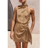 imagePRETTYGARDEN Womens Short Formal Satin Dress Summer Sleeveless Mock Neck Tie Waist Cocktail Party DressesLight Khaki