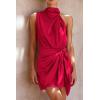 imagePRETTYGARDEN Womens Short Formal Satin Dress Summer Sleeveless Mock Neck Tie Waist Cocktail Party DressesRed