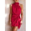imagePRETTYGARDEN Womens Short Formal Satin Dress Summer Sleeveless Mock Neck Tie Waist Cocktail Party DressesRed