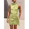 imagePRETTYGARDEN Womens Short Formal Satin Dress Summer Sleeveless Mock Neck Tie Waist Cocktail Party DressesTender Green
