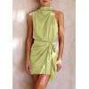 imagePRETTYGARDEN Womens Short Formal Satin Dress Summer Sleeveless Mock Neck Tie Waist Cocktail Party DressesTender Green