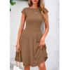 imagePRETTYGARDEN Womens Short Summer Dress 2025 Crewneck Cap Sleeve Ribbed Knit Casual Flowy A Line Mini Sundresses with PocketsBrown