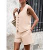 imagePRETTYGARDEN Womens Summer 2 Piece Outfits Sleeveless Matching Sets Button Down V Neck Vest Waistcoat and Pockets ShortsBeige