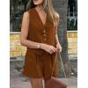 imagePRETTYGARDEN Womens Summer 2 Piece Outfits Sleeveless Matching Sets Button Down V Neck Vest Waistcoat and Pockets ShortsBrown