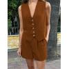 imagePRETTYGARDEN Womens Summer 2 Piece Outfits Sleeveless Matching Sets Button Down V Neck Vest Waistcoat and Pockets ShortsBrown