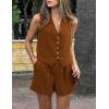 imagePRETTYGARDEN Womens Summer 2 Piece Outfits Sleeveless Matching Sets Button Down V Neck Vest Waistcoat and Pockets ShortsBrown