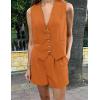 imagePRETTYGARDEN Womens Summer 2 Piece Outfits Sleeveless Matching Sets Button Down V Neck Vest Waistcoat and Pockets ShortsBrown Orange