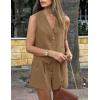 imagePRETTYGARDEN Womens Summer 2 Piece Outfits Sleeveless Matching Sets Button Down V Neck Vest Waistcoat and Pockets ShortsCoffee