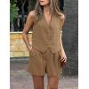 imagePRETTYGARDEN Womens Summer 2 Piece Outfits Sleeveless Matching Sets Button Down V Neck Vest Waistcoat and Pockets ShortsCoffee