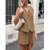 imagePRETTYGARDEN Womens Summer 2 Piece Outfits Sleeveless Matching Sets Button Down V Neck Vest Waistcoat and Pockets ShortsCoffee