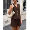 imagePRETTYGARDEN Womens Summer 2 Piece Outfits Sleeveless Matching Sets Button Down V Neck Vest Waistcoat and Pockets ShortsDark Coffee