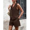 imagePRETTYGARDEN Womens Summer 2 Piece Outfits Sleeveless Matching Sets Button Down V Neck Vest Waistcoat and Pockets ShortsDark Coffee