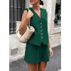 imagePRETTYGARDEN Womens Summer 2 Piece Outfits Sleeveless Matching Sets Button Down V Neck Vest Waistcoat and Pockets ShortsDark Green